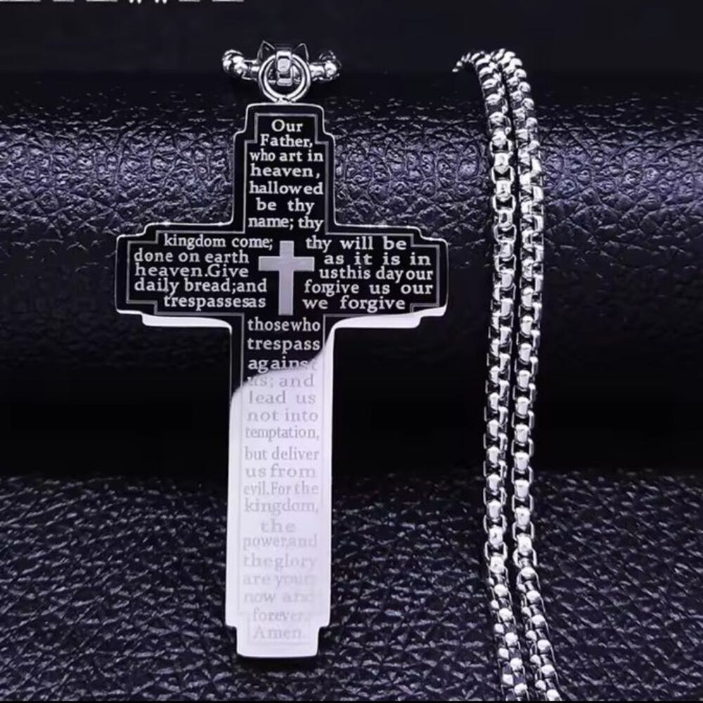 Crucifix Cross Necklace Engraved Lord's Prayer Scripture Christmas Birthday NEW!